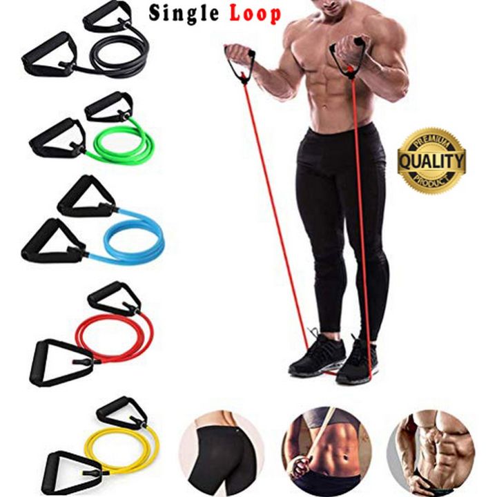 Single loop resistance bands set with multiple colors shown alongside a muscular man demonstrating the red band, on a white background with a 'Single Loop' label and a 'Quality' badge.
