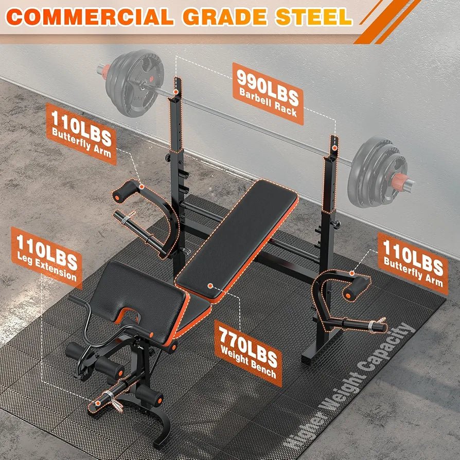 Adjustable Workout Bench with Rack & Preacher Pad, Flat Incline Bench for Weight Lifting - Afrofit GymStore