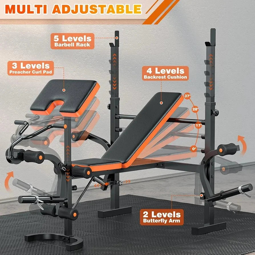 Adjustable Workout Bench with Rack & Preacher Pad, Flat Incline Bench for Weight Lifting - Afrofit GymStore